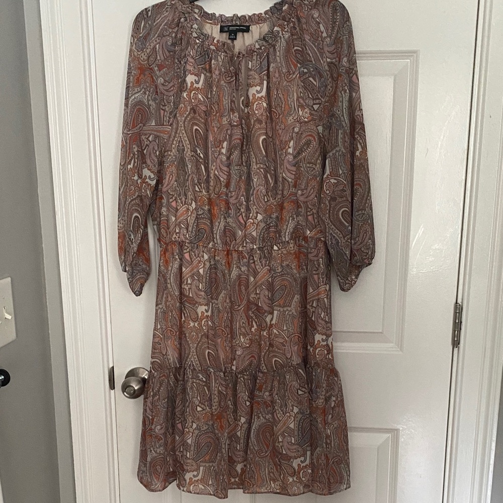 INC International Concepts Paisley Long Sleeve Dress - Brown and Orange